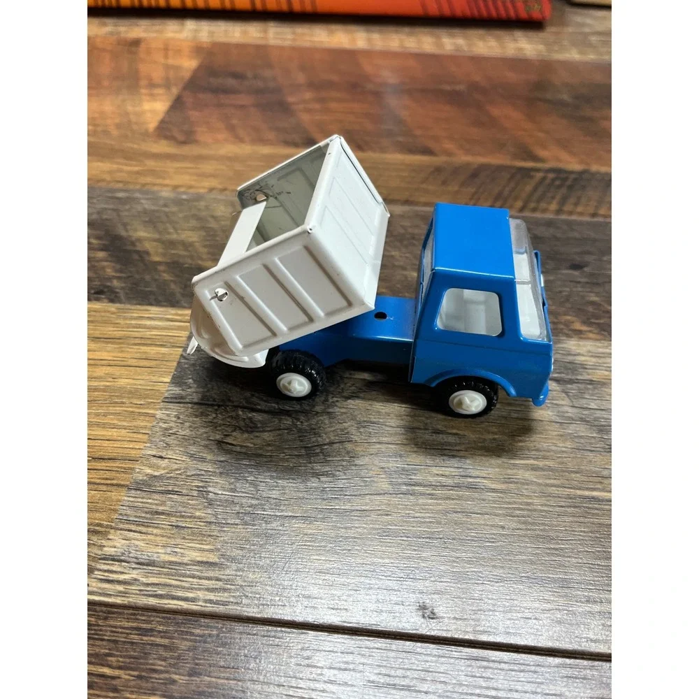 Vintage Tin Litho Garbage Truck Toy Blue and White Made in Japan Dump Truck